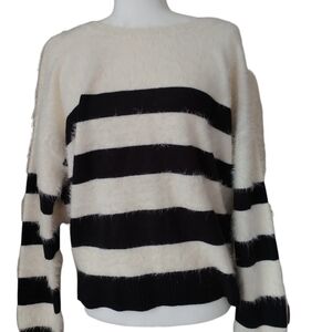 DKNY White & Black Fuzzy Striped Oversized Sweater M